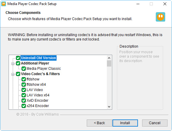 The Media Player Codec Pack is a simple to install package of codecs/filters/splitters used for playing back music and movie files. After installation you will be able to play 99.9% of files on the internet.