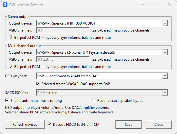 CW-Lossless DoP configuration with a HIFI USB AUDIO WASAPI endpoint