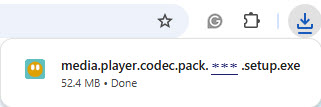Downloaded Media Player Codec Pack setup file in the browser download bar