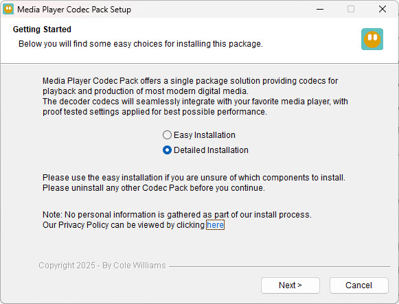 Media Player Codec Pack installer Getting Started screen