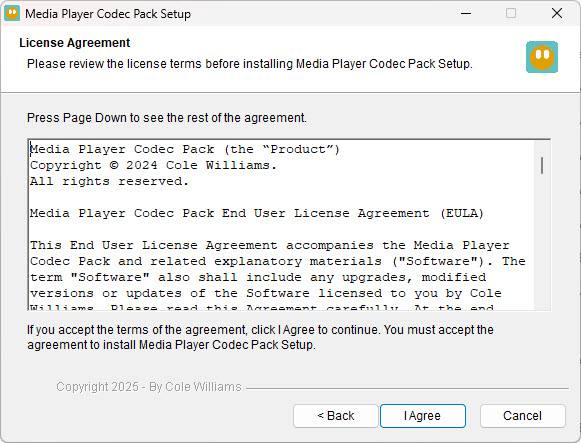 Media Player Codec Pack license agreement screen
