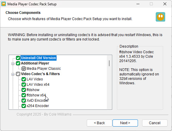 Media Player Codec Pack choose components screen