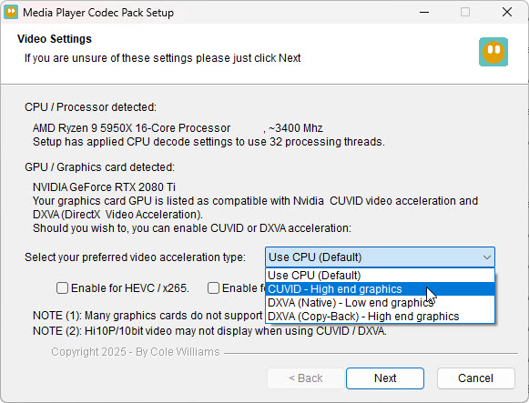 Media Player Codec Pack video settings screen with GPU and graphics options