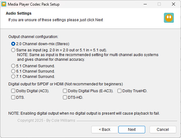 Media Player Codec Pack audio settings screen