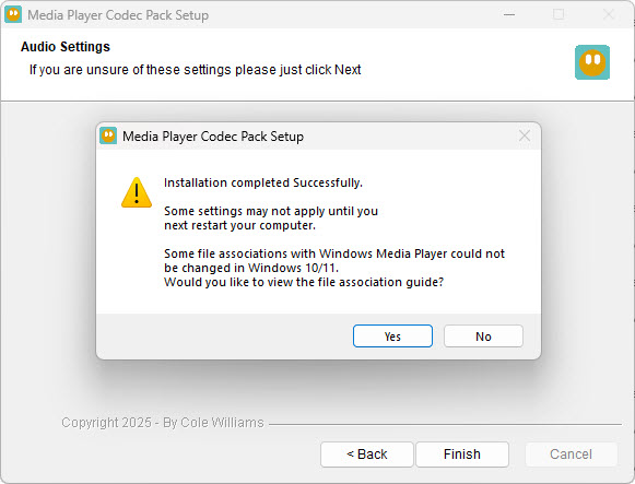 Media Player Codec Pack installation completed successfully screen