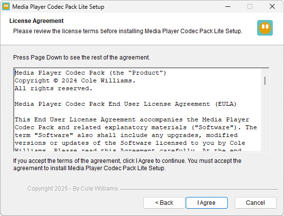 Media Player Codec Pack license agreement screen