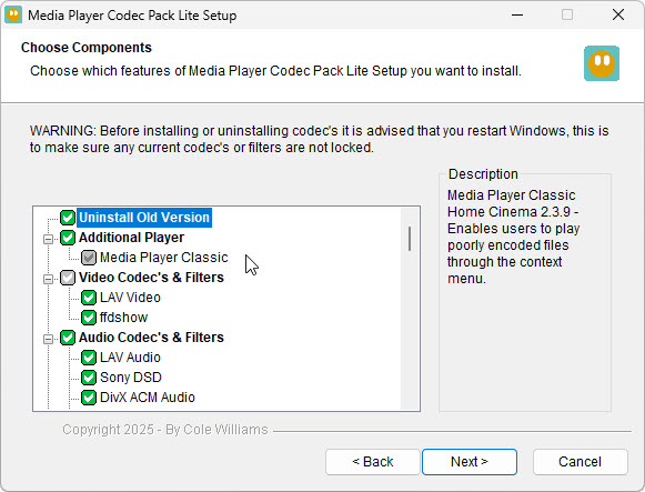 Media Player Codec Pack installer Getting Started screen