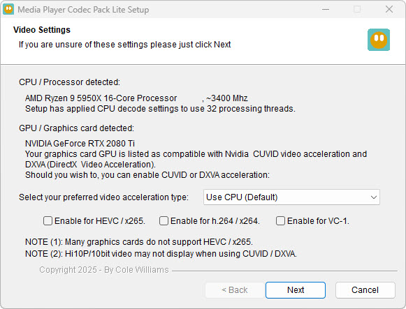 Media Player Codec Pack video settings screen with GPU and graphics options