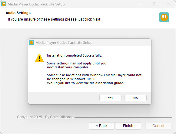 Media Player Codec Pack installation completed successfully screen