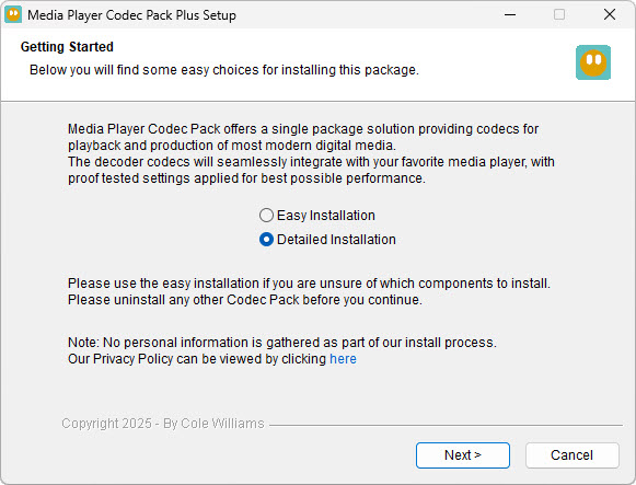 Media Player Codec Pack Plus installer Getting Started screen