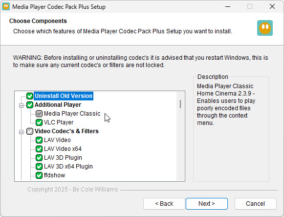 Media Player Codec Pack choose components screen
