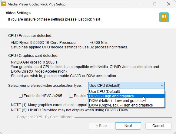 Media Player Codec Pack video settings screen with GPU and graphics options