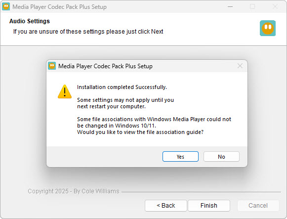 Media Player Codec Pack installation completed successfully screen