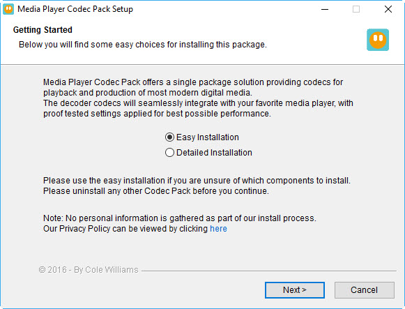 The Media Player Codec Pack is a simple to install package of codecs/filters/splitters used for playing back music and movie files. After installation you will be able to play 99.9% of files on the internet, along with XCD